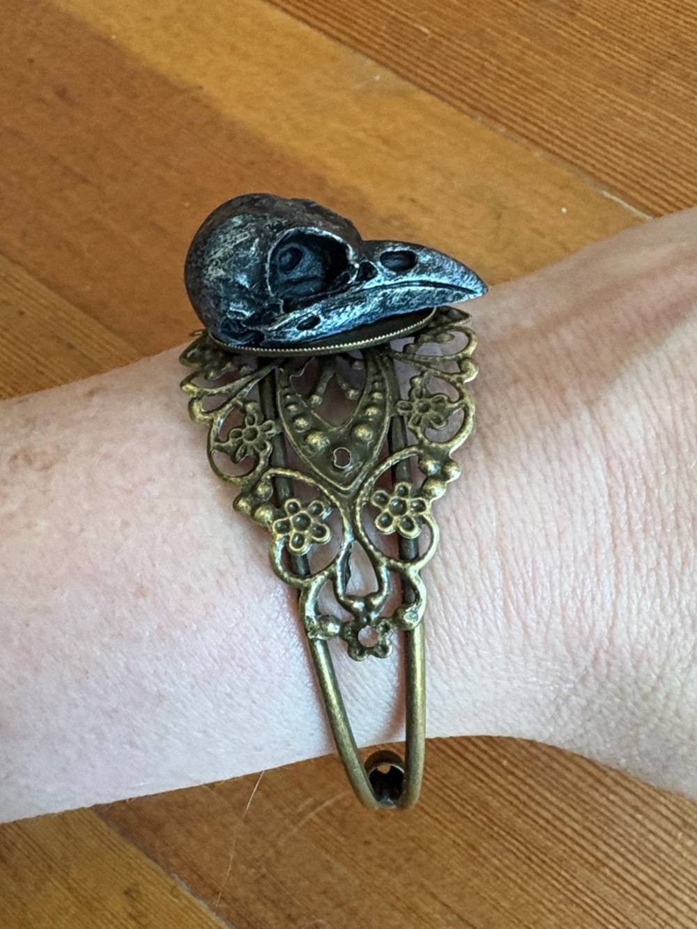 Hand-Crafted Antique Bronze Filigree Bracelet w/ Raven Skull Accent